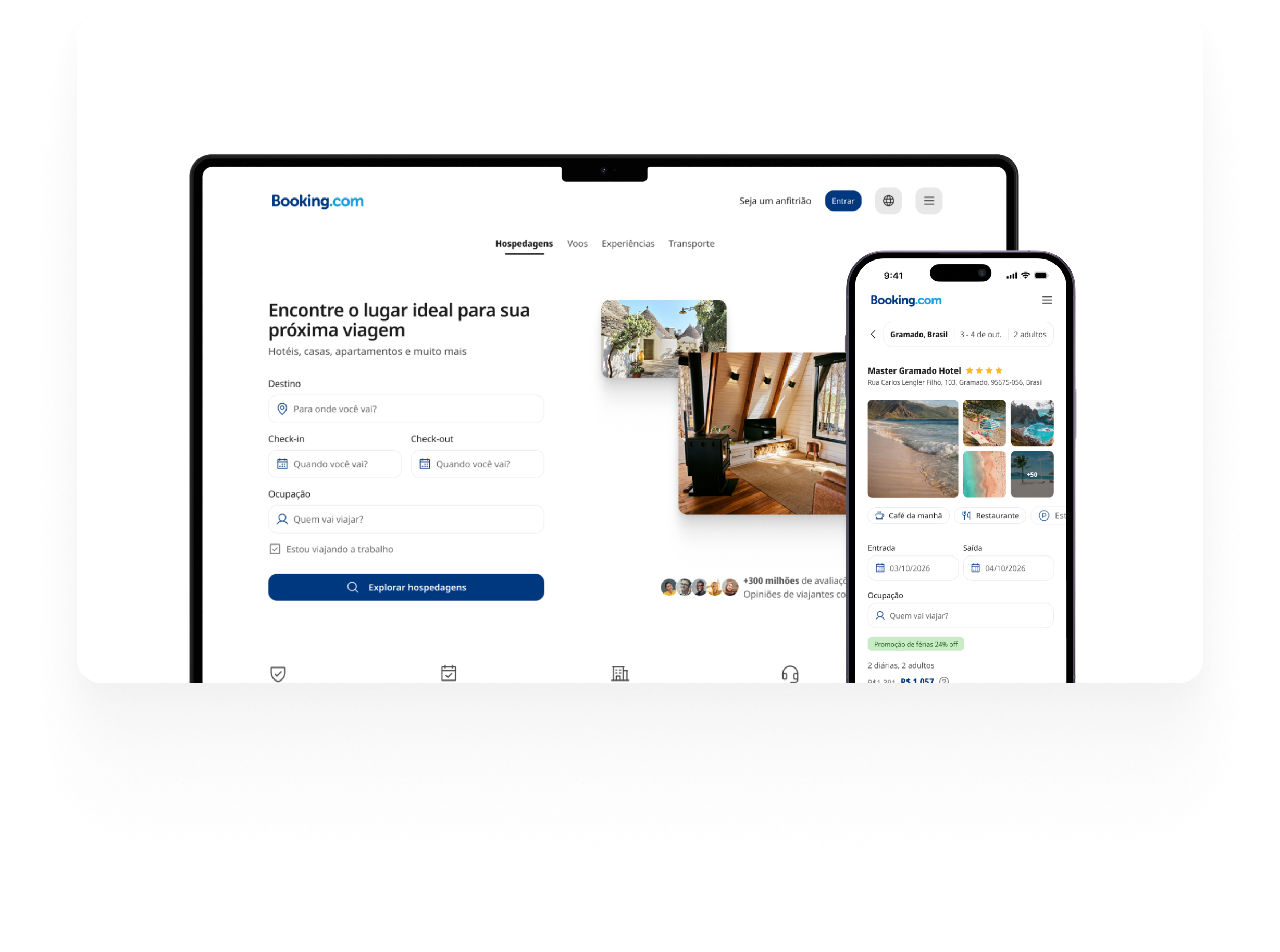 Prévia das telas do projeto Booking.com